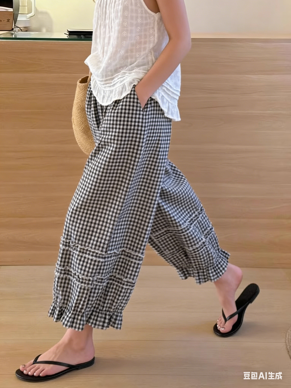 Chouyatou Women Summer Ruffle Hem Crop Cotton Linen Pants Beach Plaid Gingham Wide Leg Pants Palazzos