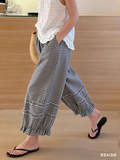 CHOUYATOU Women 2026 Summer Ruffle Hem Crop Cotton Linen Pants Beach Plaid Gingham Wide Leg Pants Palazzos