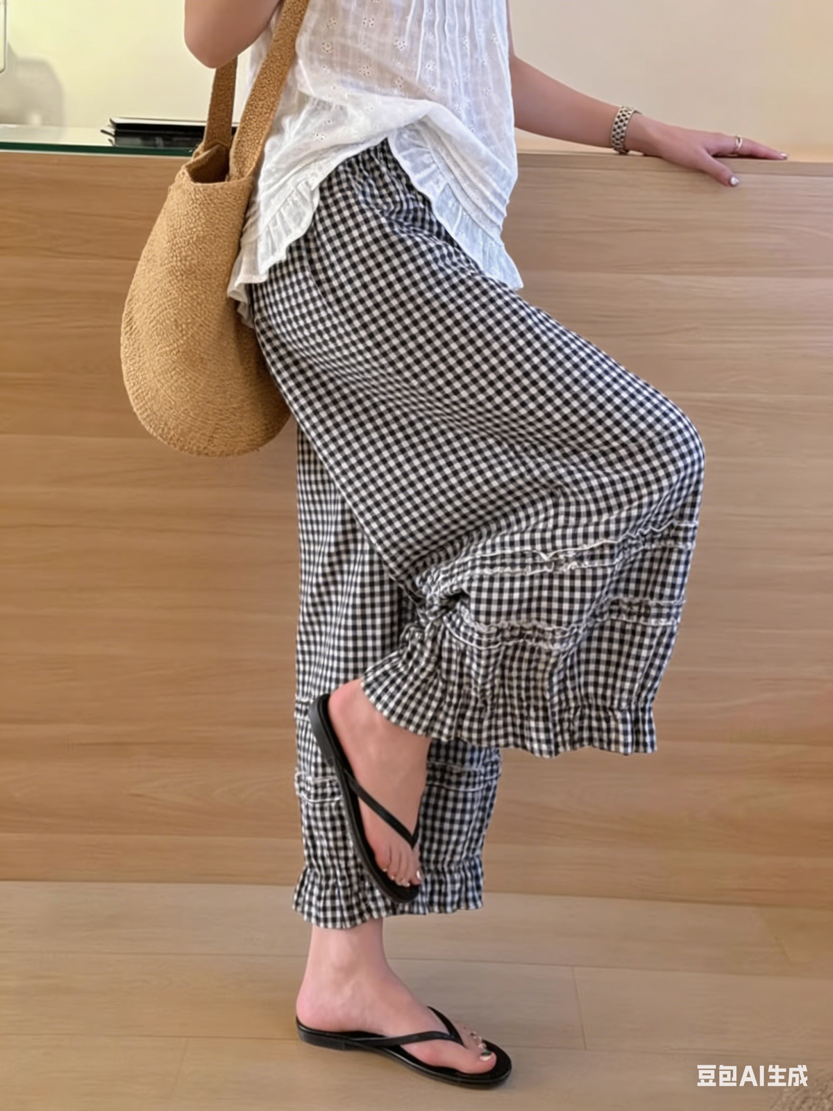 Chouyatou Women Summer Ruffle Hem Crop Cotton Linen Pants Beach Plaid Gingham Wide Leg Pants Palazzos