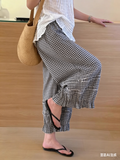 CHOUYATOU Women 2026 Summer Ruffle Hem Crop Cotton Linen Pants Beach Plaid Gingham Wide Leg Pants Palazzos