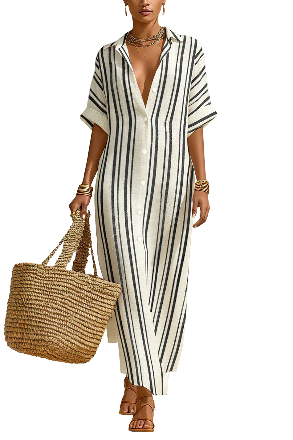 CHOUYATOU Women's Summer Boho Striped Cotton Linen Dress Short Sleeve Lapel Collar Beach Maxi Shirt Dress