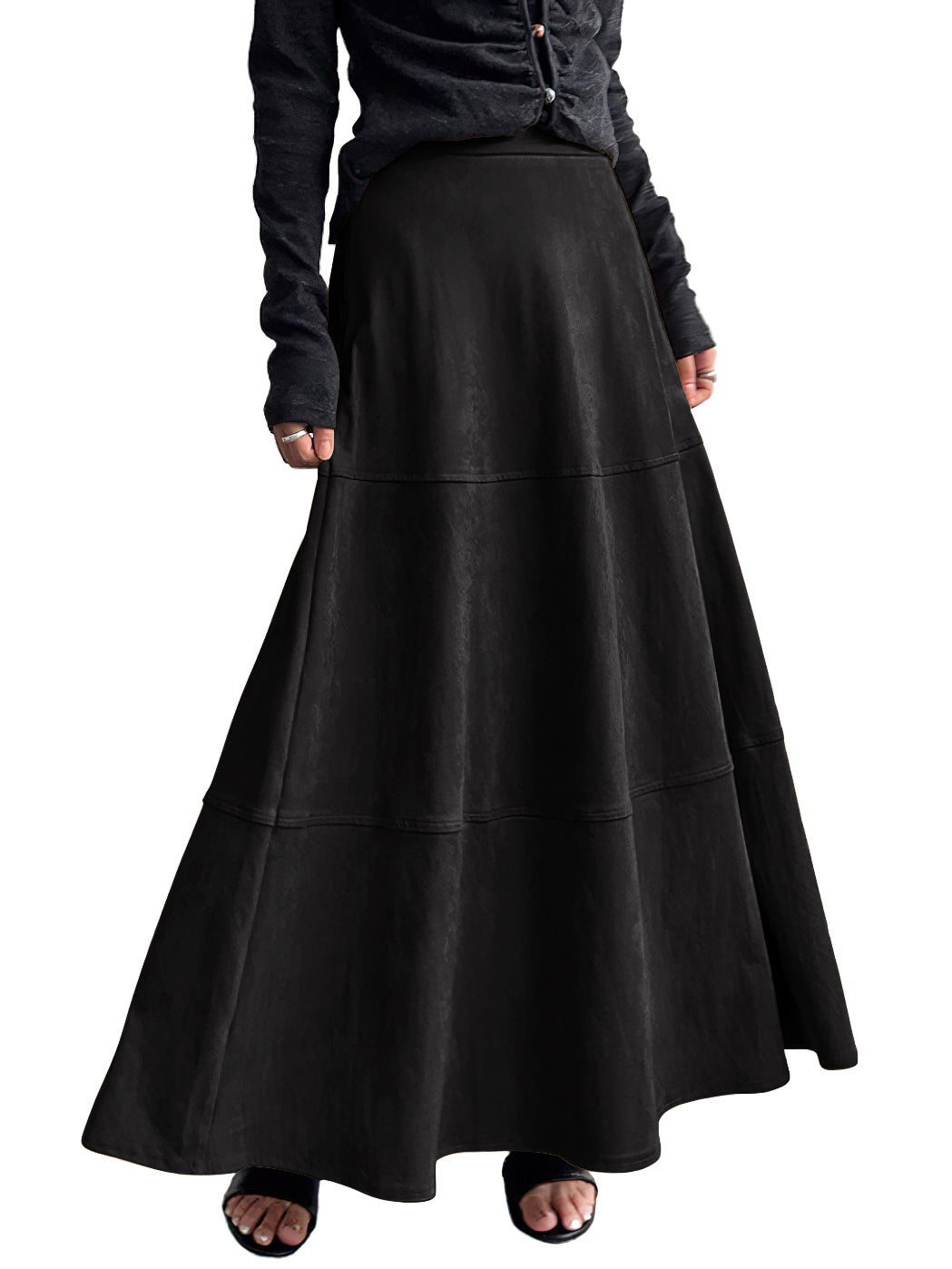 CHOUYATOU Women's Elegant Ruffle Faux Suede Leather Skirt High Waisted A Line Fall Winter Maxi Long Skirt
