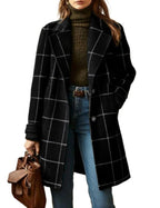 CHOUYATOU Womens Winter Notched Collar Mid Long Plaid Wool Trench Coat  Wool Peacoat,Wool Blend,Single Breasted,Overcoat,Outerwear,Winter Warm,Checkered Print,Dressy,Outfits,Lapel Collar
