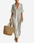 CHOUYATOU Women's Summer Boho Striped Cotton Linen Dress Short Sleeve Lapel Collar Beach Maxi Shirt Dress