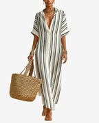 CHOUYATOU Women's Summer Boho Striped Cotton Linen Dress Short Sleeve Lapel Collar Beach Maxi Shirt Dress