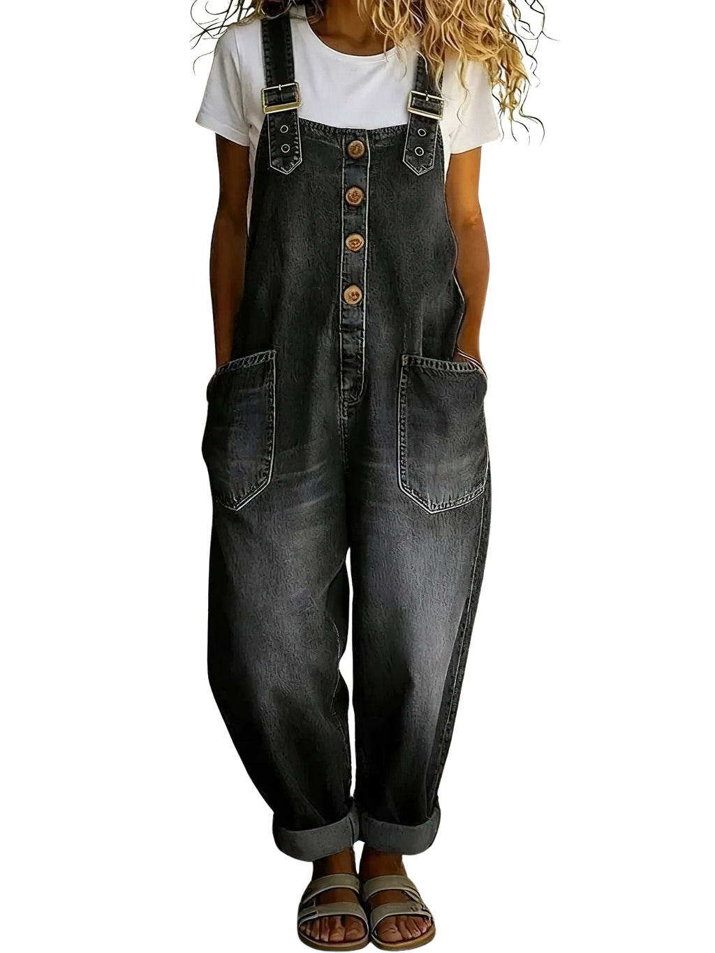 Chouyatou Women's Y2K Denim Bib Overall Pants Button Front Wide Leg Jean Jumpsuits Vintage Loose Romper