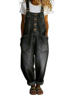 Chouyatou Women's Y2K Denim Bib Overall Pants Button Front Wide Leg Jean Jumpsuits Vintage Loose Romper