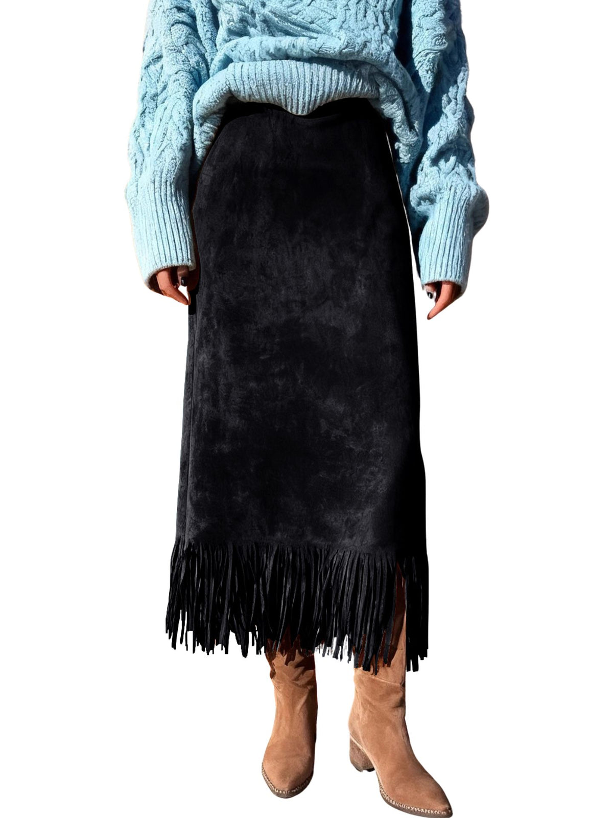 CHOUYATOU Women's Fringe Trim Faux Suede Skirt High Waisted Pencil Dressy Fall Winter Midi Long Skirt