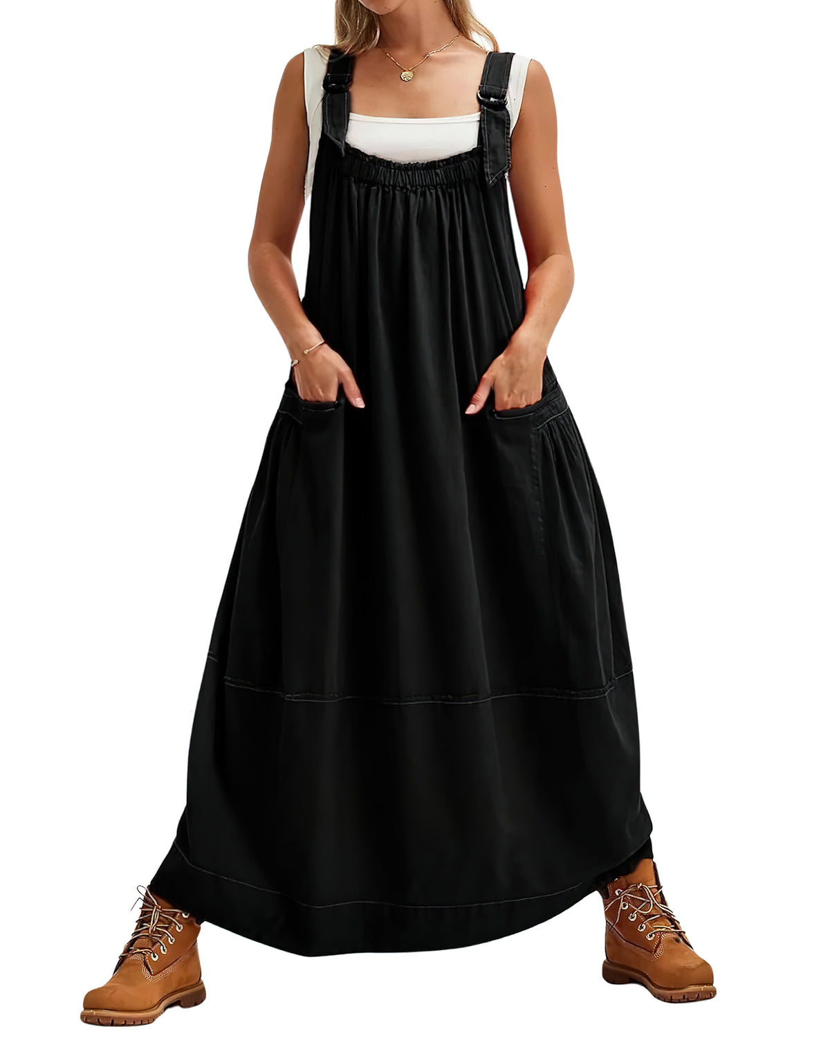 chouyatou Women's Cargo Overall Dress Sleeveless Adjustable Strap Safari Maxi Jumper Dress with Pockets