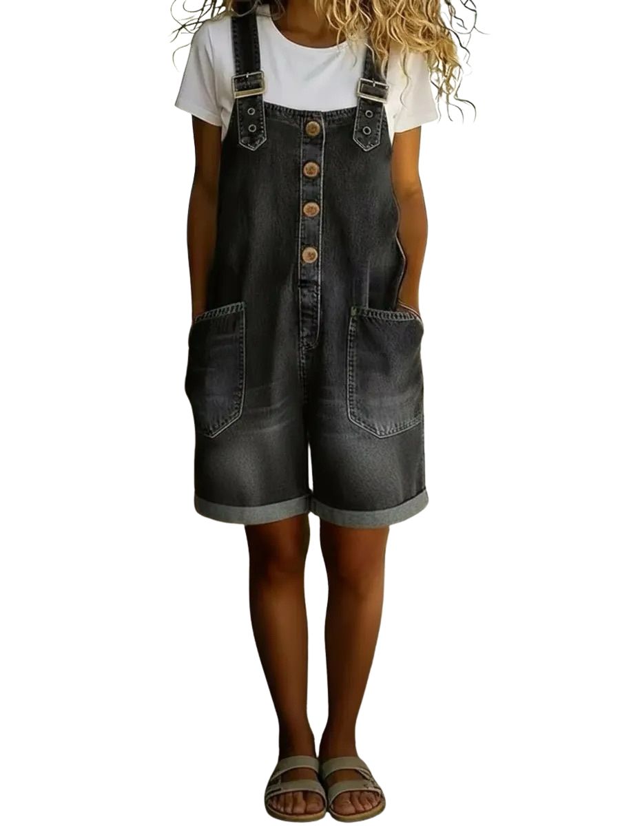 Chouyatou Women's Y2K Denim Shortalls Button Front Wide Leg Loose Bib Jean Overalls Shorts Romper Jumpsuits Vintage