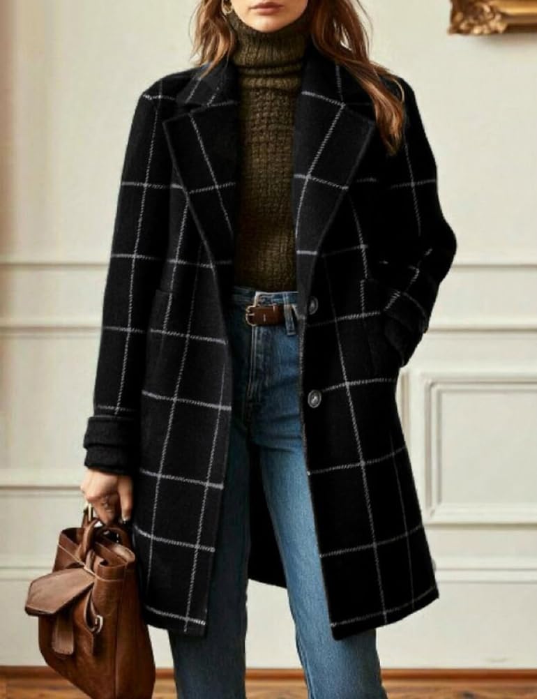 CHOUYATOU Womens Winter Notched Collar Mid Long Plaid Wool Trench Coat  Wool Peacoat,Wool Blend,Single Breasted,Overcoat,Outerwear,Winter Warm,Checkered Print,Dressy,Outfits,Lapel Collar