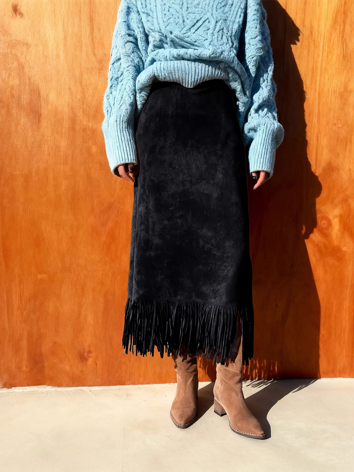 CHOUYATOU Women's Fringe Trim Faux Suede Skirt High Waisted Pencil Dressy Fall Winter Midi Long Skirt