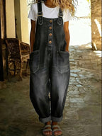 Chouyatou Women's Y2K Denim Bib Overall Pants Button Front Wide Leg Jean Jumpsuits Vintage Loose Romper