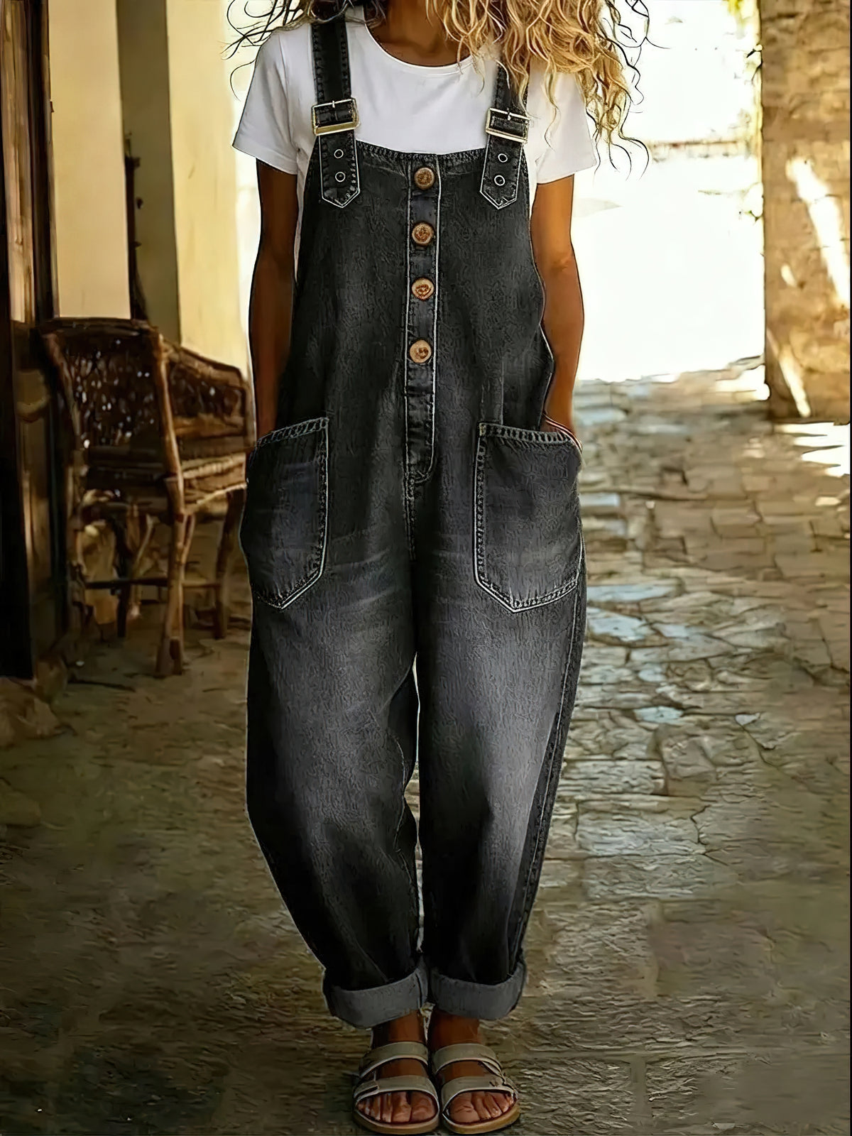 Chouyatou Women's Y2K Denim Bib Overall Pants Button Front Wide Leg Jean Jumpsuits Vintage Loose Romper