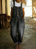 CHOUYATOU Women's Y2K Denim Bib Overall Pants Button Front Wide Leg Jean Jumpsuits Vintage Loose Romper