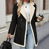 CHOUYATOU Women's Winter Notch Lapel Double Breasted Peacoat Sherpa Fleece Lined Faux Suede Jacket Coat