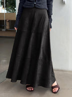 CHOUYATOU Women's Elegant Ruffle Faux Suede Leather Skirt High Waisted A Line Fall Winter Maxi Long Skirt