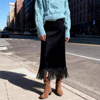 CHOUYATOU Women's Fringe Trim Faux Suede Skirt High Waisted Pencil Dressy Fall Winter Midi Long Skirt