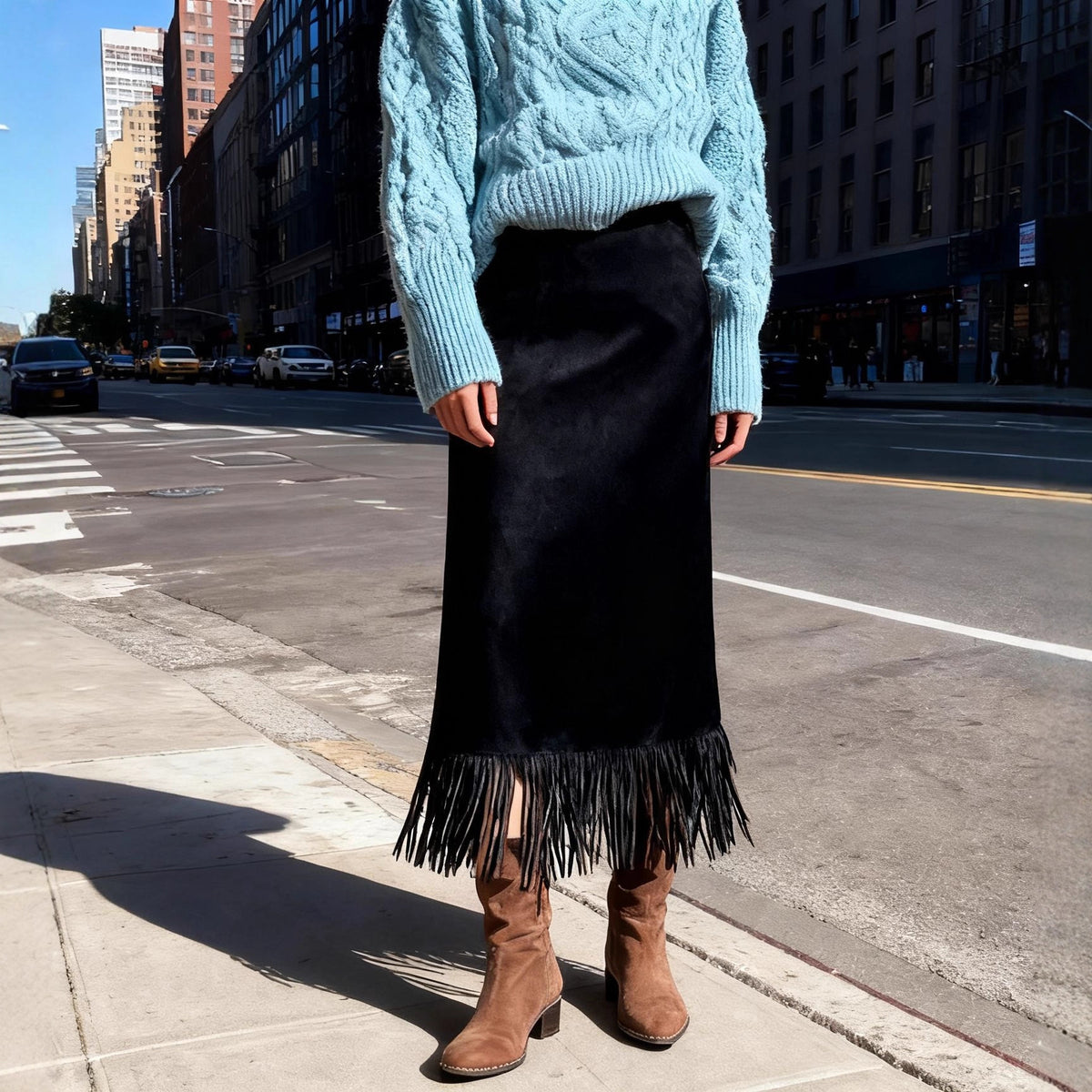 CHOUYATOU Women's Fringe Trim Faux Suede Skirt High Waisted Pencil Dressy Fall Winter Midi Long Skirt
