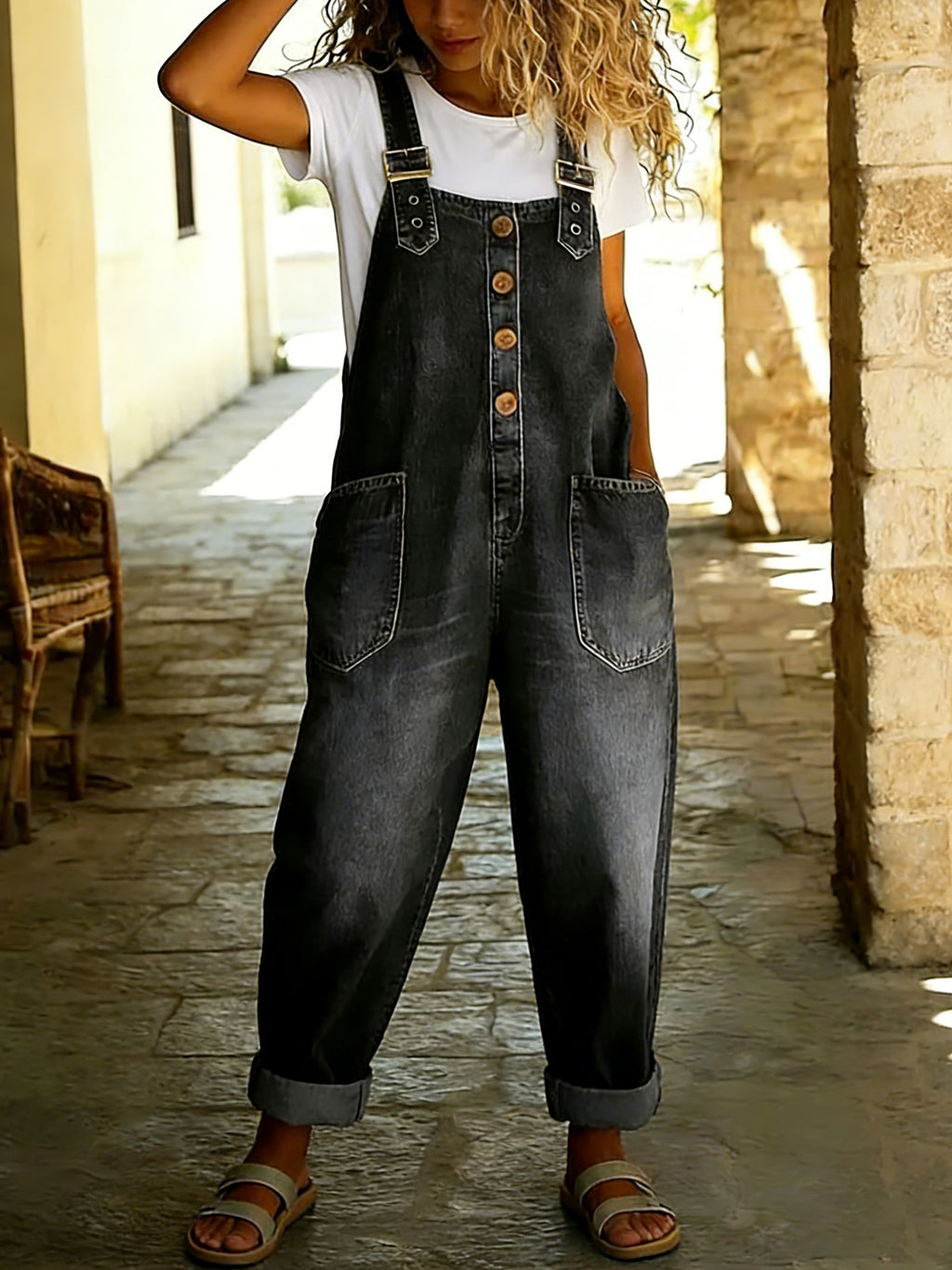 Chouyatou Women's Y2K Denim Bib Overall Pants Button Front Wide Leg Jean Jumpsuits Vintage Loose Romper