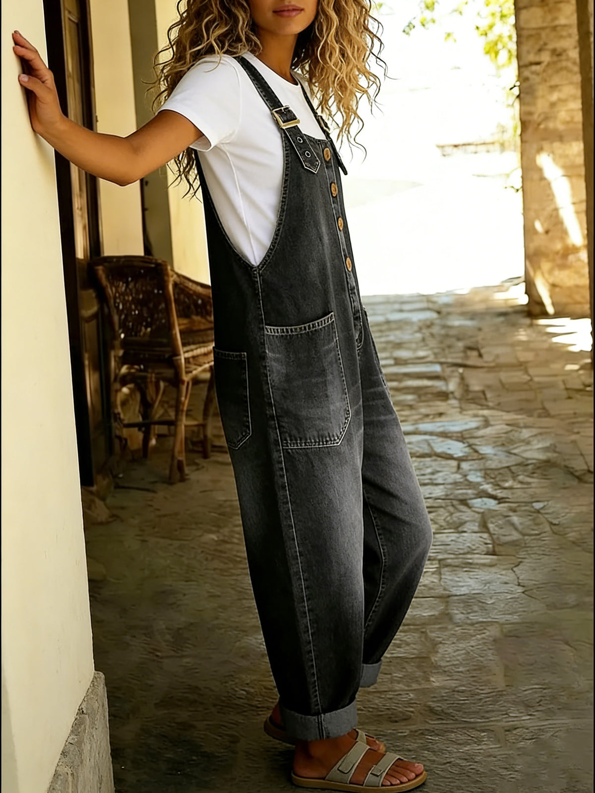 Chouyatou Women's Y2K Denim Bib Overall Pants Button Front Wide Leg Jean Jumpsuits Vintage Loose Romper