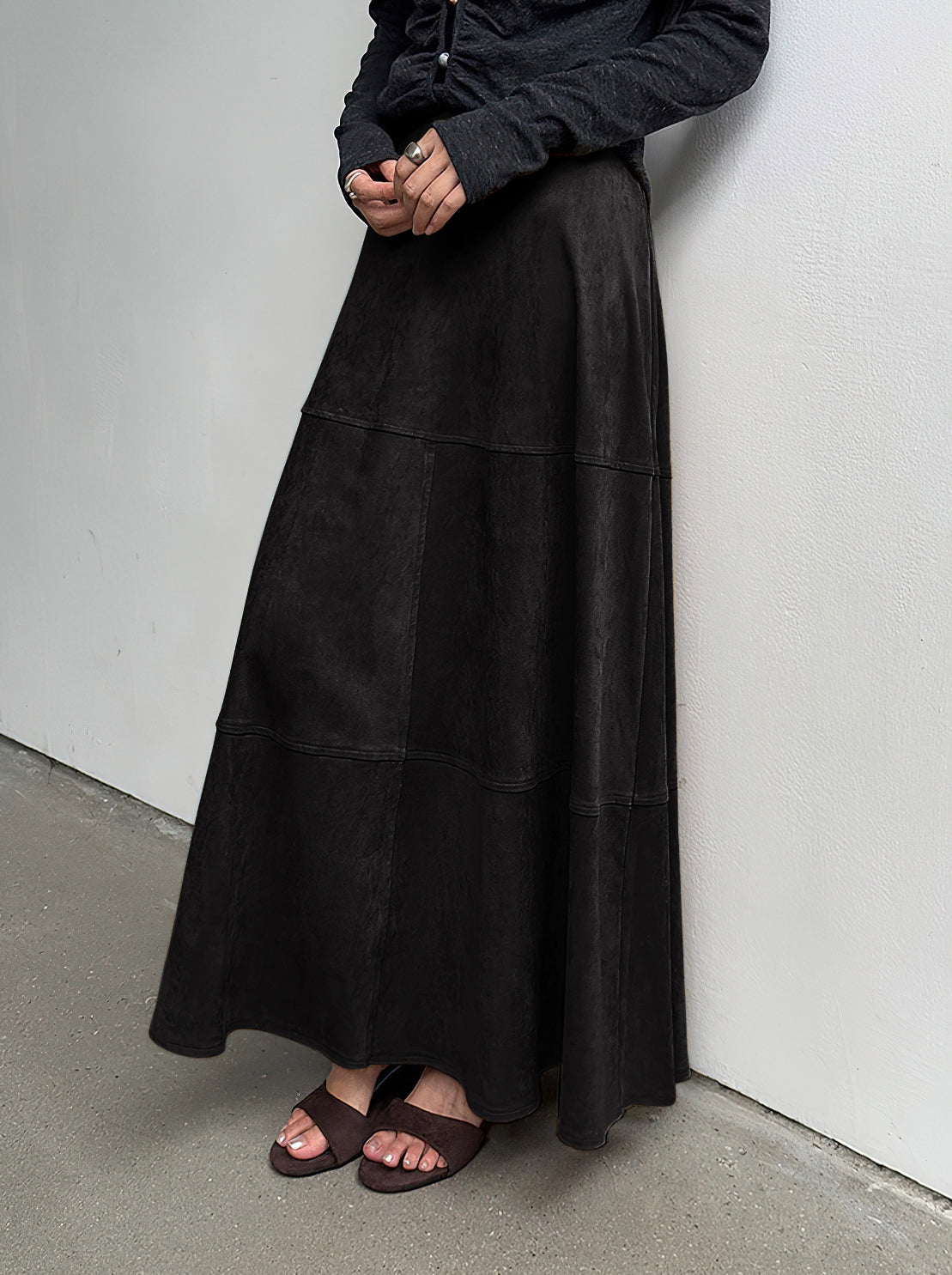 CHOUYATOU Women's Elegant Ruffle Faux Suede Leather Skirt High Waisted A Line Fall Winter Maxi Long Skirt