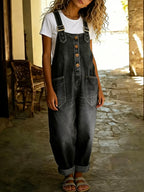 Chouyatou Women's Y2K Denim Bib Overall Pants Button Front Wide Leg Jean Jumpsuits Vintage Loose Romper