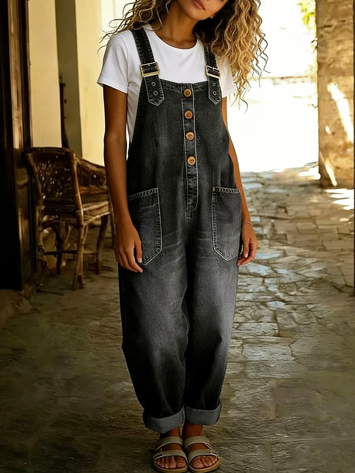 Chouyatou Women's Y2K Denim Bib Overall Pants Button Front Wide Leg Jean Jumpsuits Vintage Loose Romper