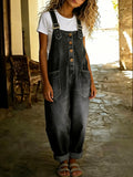 CHOUYATOU Women's Y2K Denim Bib Overall Pants Button Front Wide Leg Jean Jumpsuits Vintage Loose Romper