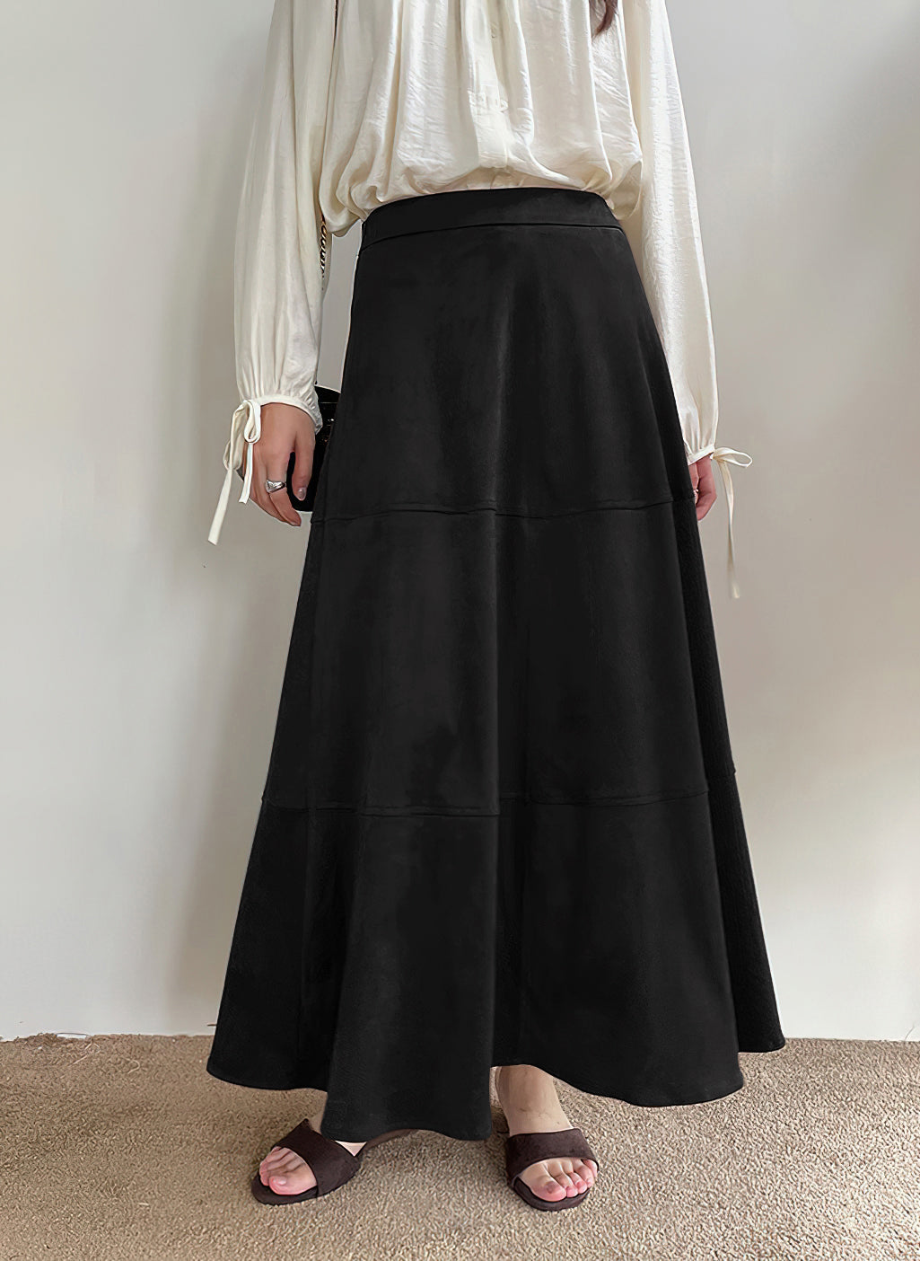 CHOUYATOU Women's Elegant Ruffle Faux Suede Leather Skirt High Waisted A Line Fall Winter Maxi Long Skirt