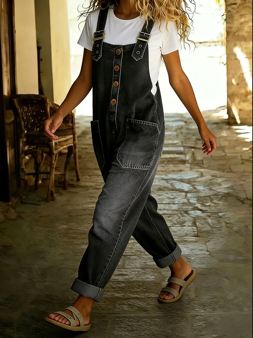 Chouyatou Women's Y2K Denim Bib Overall Pants Button Front Wide Leg Jean Jumpsuits Vintage Loose Romper