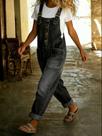 Chouyatou Women's Y2K Denim Bib Overall Pants Button Front Wide Leg Jean Jumpsuits Vintage Loose Romper