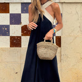 Chouyatou Womens Criss Cross Halter Neck Dress Sleeveless Sexy Backless Boho Maxi Long Cotton Linen Dress