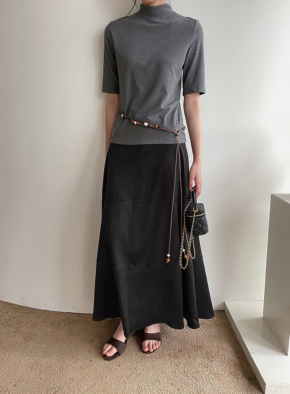CHOUYATOU Women's Elegant Ruffle Faux Suede Leather Skirt High Waisted A Line Fall Winter Maxi Long Skirt