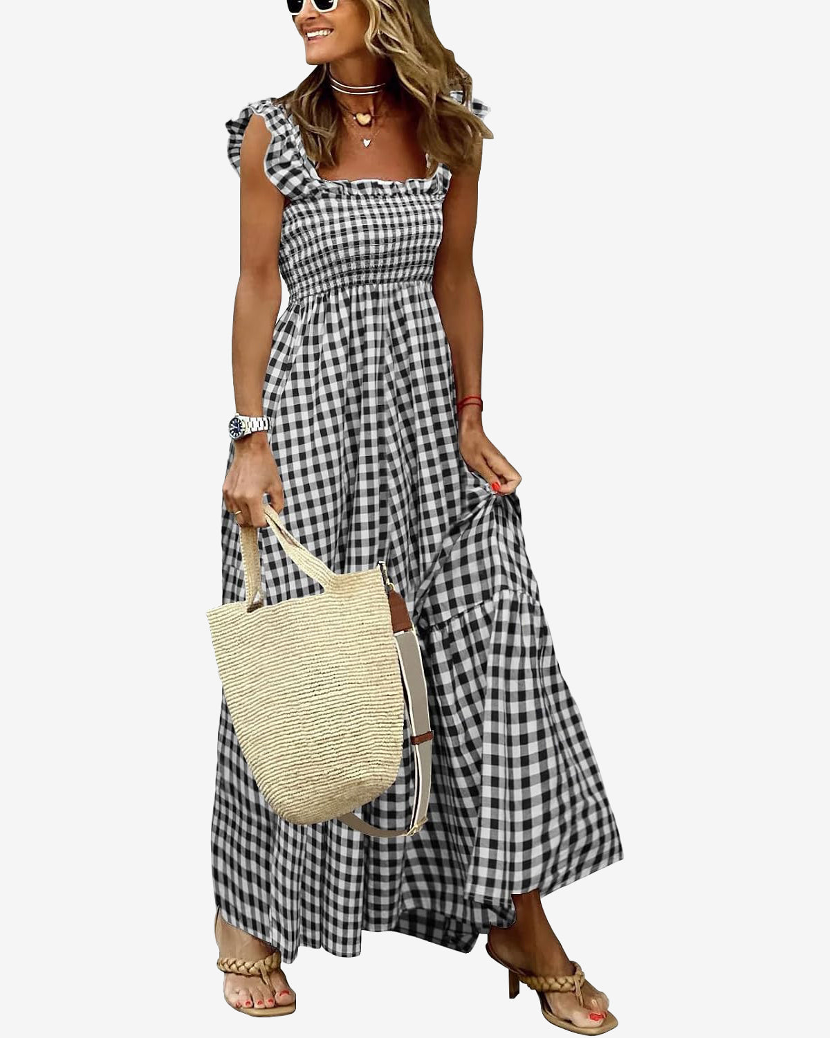 Chouyatou Women's Retro Plaid Smocked Dress Spaghetti Strap Flounce Long Dress