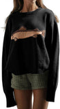 Chouyatou Women Fashion Crew Neck Rib Knit Crucian Carp Graphic Oversized Y2k Pullover Sweater Jumper