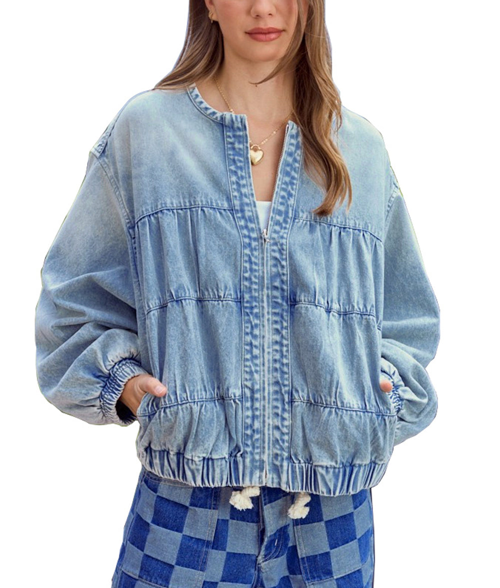 Chouyatou Women Spring Fall Oversized Jean Jacket Trendy Lightweight Y2K Floral Denim Bomber Jacket Coat