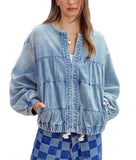 CHOUYATOU Women Spring Fall Oversized Jean Jacket Trendy Lightweight Y2K Floral Denim Bomber Jacket Coat