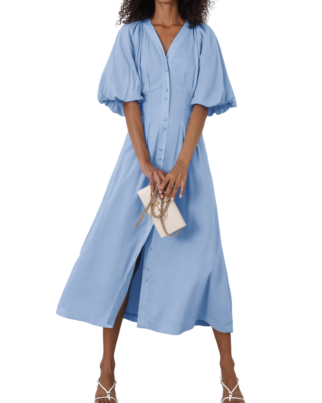 CHOUYATOU Women Summer Puff Sleeve Button Down Shirt Dress Flowy Elegant Business Casual Midi Long Dress