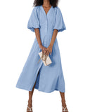 CHOUYATOU Women Summer Puff Sleeve Button Down Shirt Dress Flowy Elegant Business Casual Midi Long Dress
