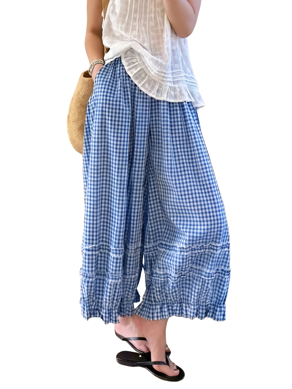 Chouyatou Women Summer Ruffle Hem Crop Cotton Linen Pants Beach Plaid Gingham Wide Leg Pants Palazzos