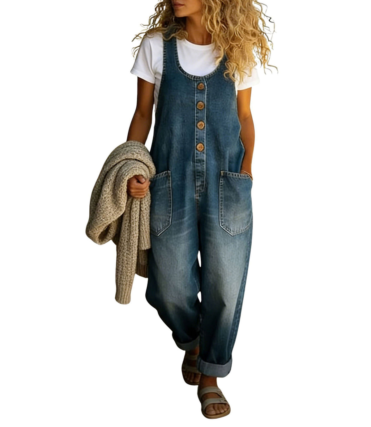 CHOUYATOU Women's Suspender Strap Loose Denim Bib Overalls Y2k Baggy Distressed Jeans Wide Leg Jumpsuit Pants
