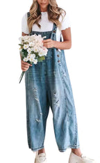 Chouyatou Women Loose Adjustable Strap Denim Bib Overall Jeans Distressed Wide Leg Baggy Overalls Jumpsuit