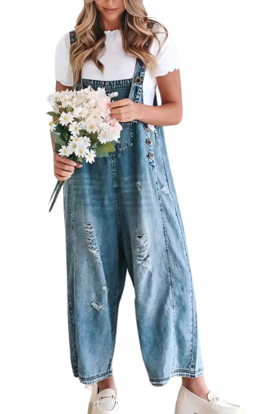 Chouyatou Women Loose Adjustable Strap Denim Bib Overall Jeans Distressed Wide Leg Baggy Overalls Jumpsuit