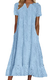 Chouyatou Women Summer Ruffle Hem Floral Lace Eyelet Dress Casual Notch Neck Midi Tunic Dress with Pocket
