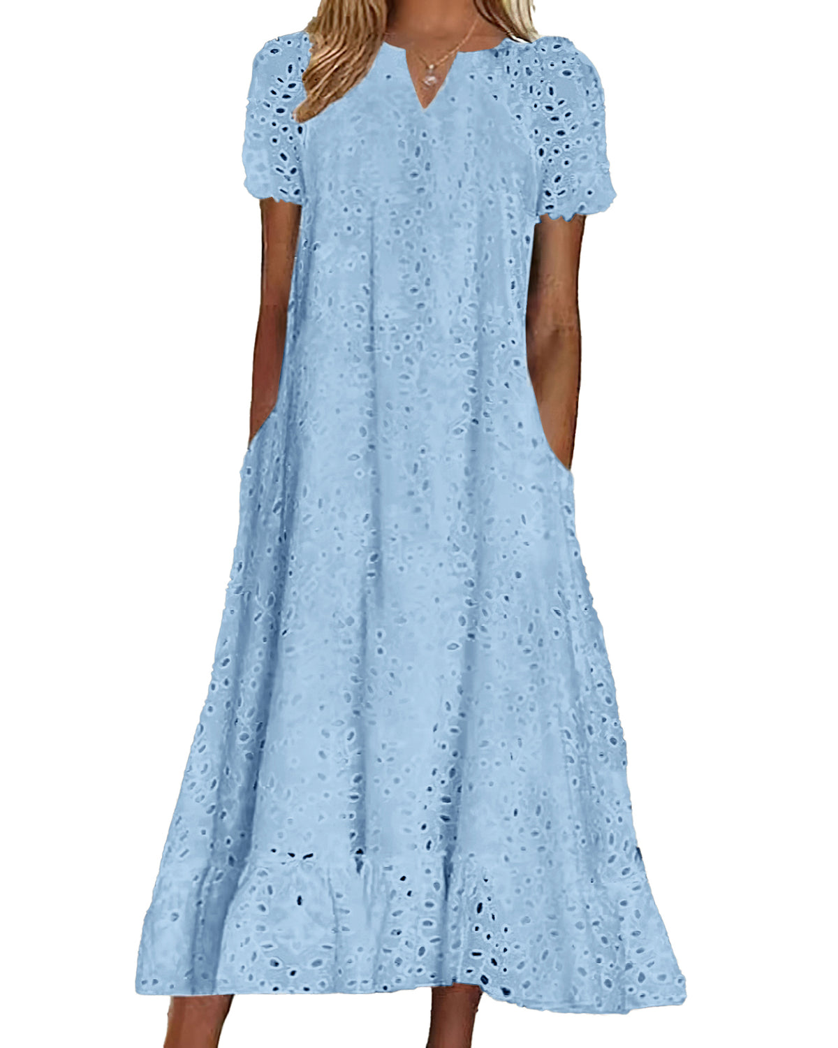 Chouyatou Women Summer Ruffle Hem Floral Lace Eyelet Dress Casual Notch Neck Midi Tunic Dress with Pocket