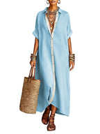 Chouyatou Women's Contrast Color Button Down Shirt Dress Short Sleeve Cotton Linen Casual Loose Beach Long Maxi Dress