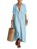 CHOUYATOU Women's Contrast Color Button Down Shirt Dress Short Sleeve Cotton Linen Casual Loose Beach Long Maxi Dress