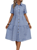 Chouyatou Women's Plaid Short Sleeve Button Down Shirt Dress Retro Gingham Button Up Tunic Midi Long Dress