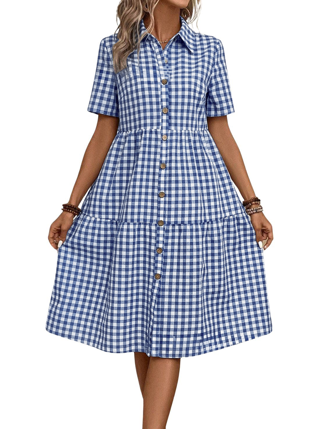 Chouyatou Women's Plaid Short Sleeve Button Down Shirt Dress Retro Gingham Button Up Tunic Midi Long Dress